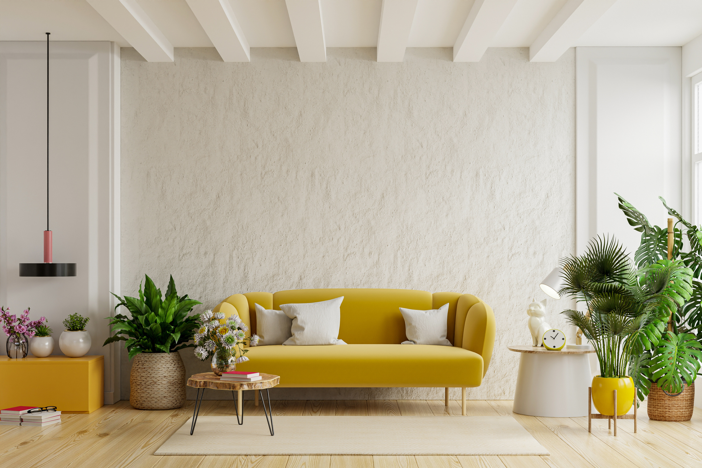 White wall living room with cozy luxury yellow sofa.